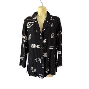 Michael Taylor Vintage Black & White Batik Fish Print Blazer Jacket Size Medium